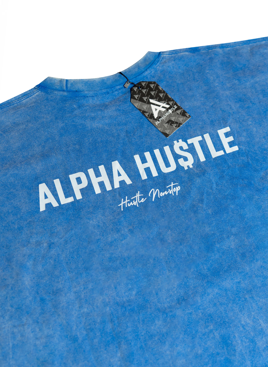 HUSTLE NON STOP TEE( Blue Acid Wash)