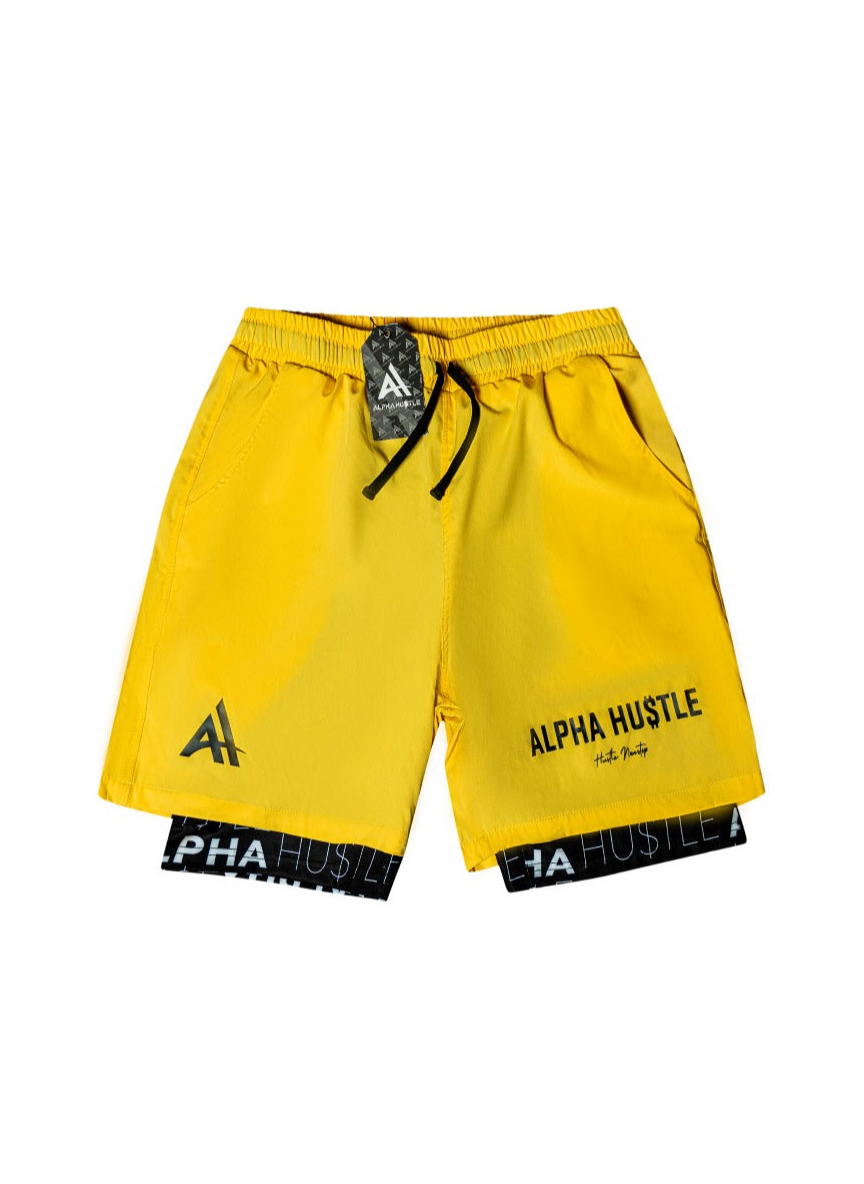 HUSTLE NON STOP SHORTS (YELLOW WITH BLACK LAYER)