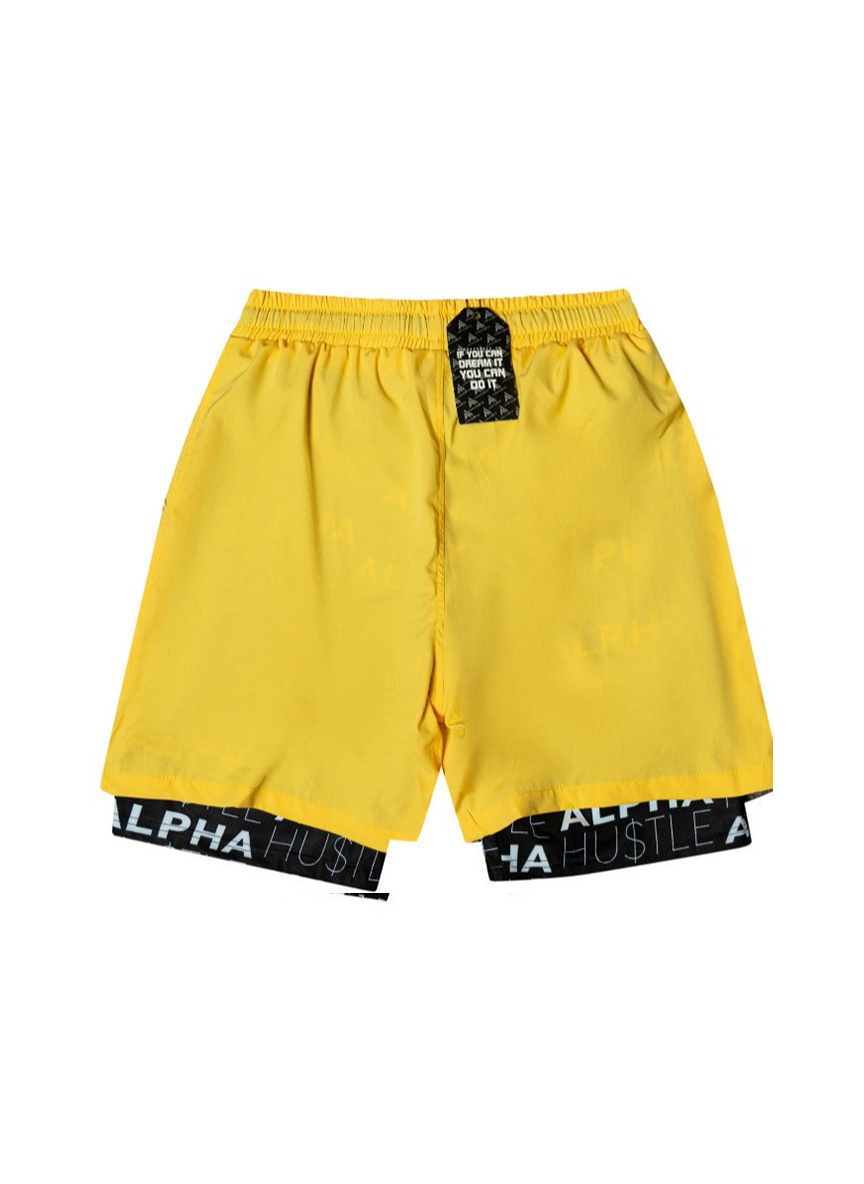 HUSTLE NON STOP SHORTS (YELLOW WITH BLACK LAYER)