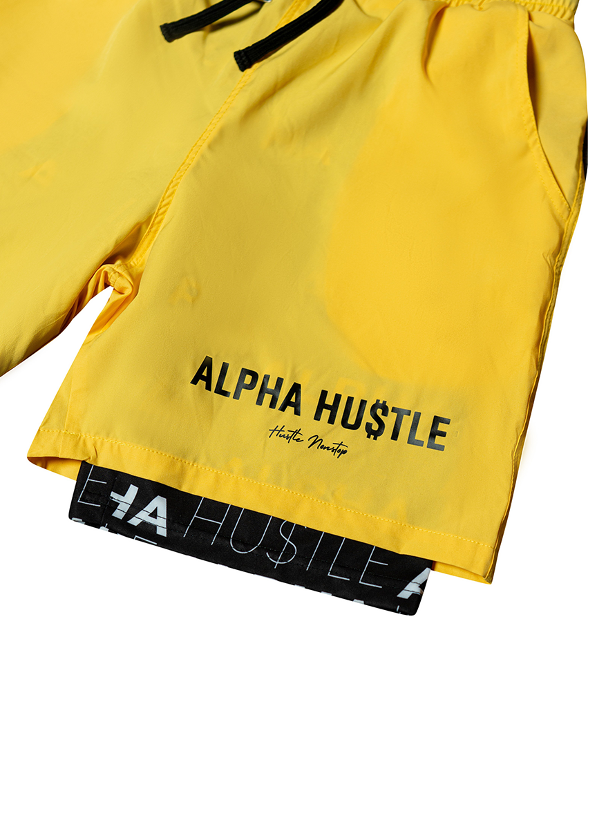 HUSTLE NON STOP SHORTS (YELLOW WITH BLACK LAYER)