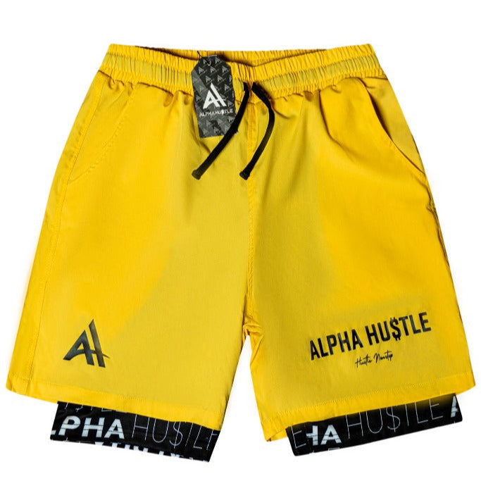 HUSTLE NON STOP SHORTS (YELLOW WITH BLACK LAYER)